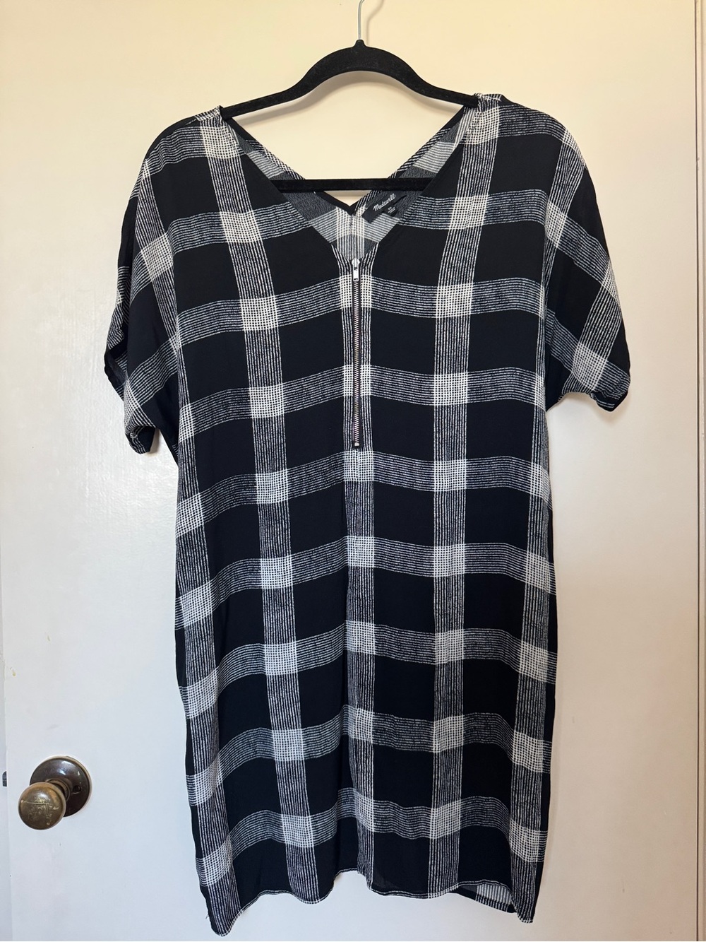 Madewell zip front Plaid Short Sleeve Dress black and white size XS